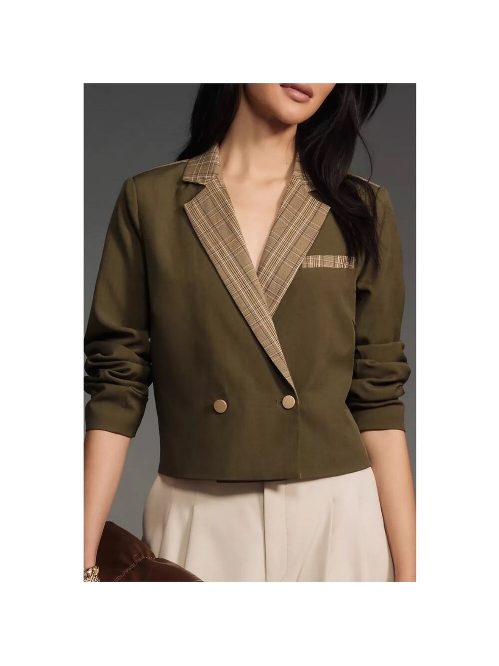 Dolan Anthropologie Olive Cropped Blazer with Plaid Notch Lapel